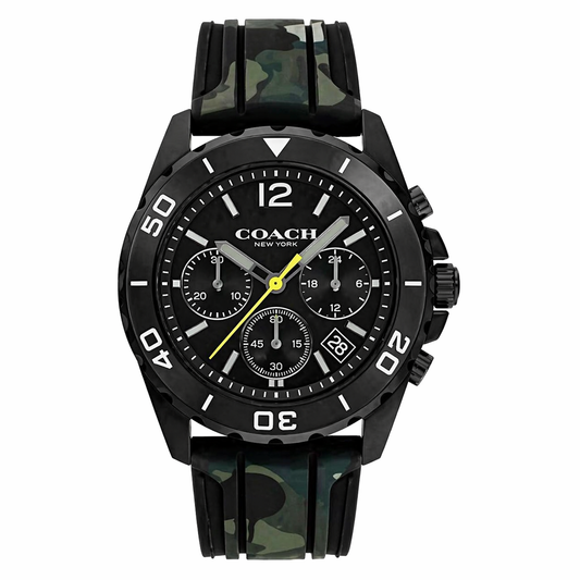 Coach Kent 14602567 Men’s Chronograph Watch – Black Dial, Camo Rubber Strap, 44mm Quartz