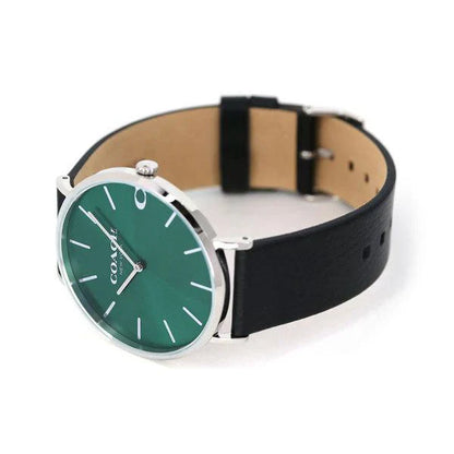 Coach Charles 14602436 Men’s Analog Watch – Green Dial, Black Leather Strap, 41mm Quartz