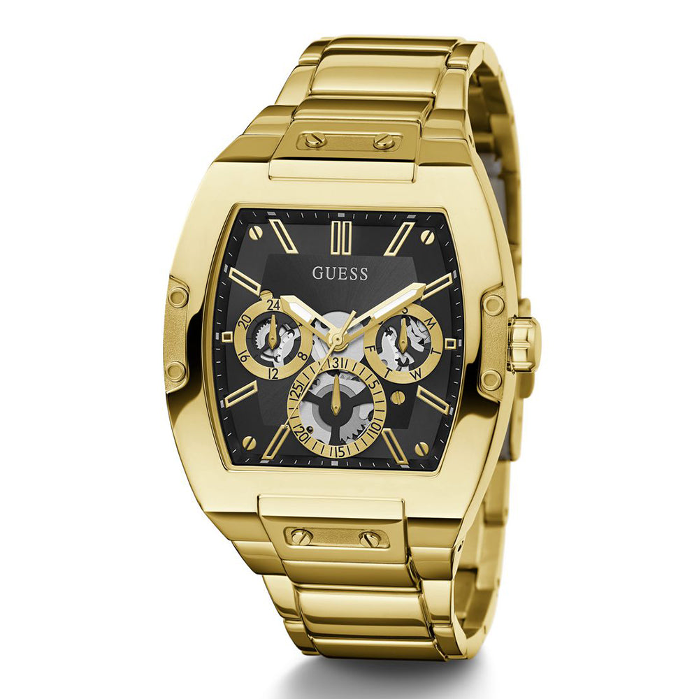 GUESS GW0456G1 Phoenix Men’s Watch | Black Dial Multifunction | Gold Tone Stainless Steel Rectangle Watch