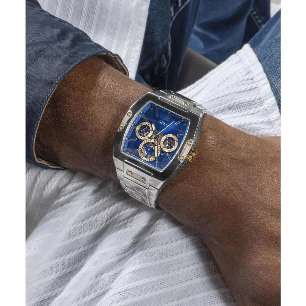 GUESS GW0456G5 Phoenix Men’s Watch | Blue Dial Stainless Steel Strap | Rectangular Analog Multi-Function 41.5mm Watch