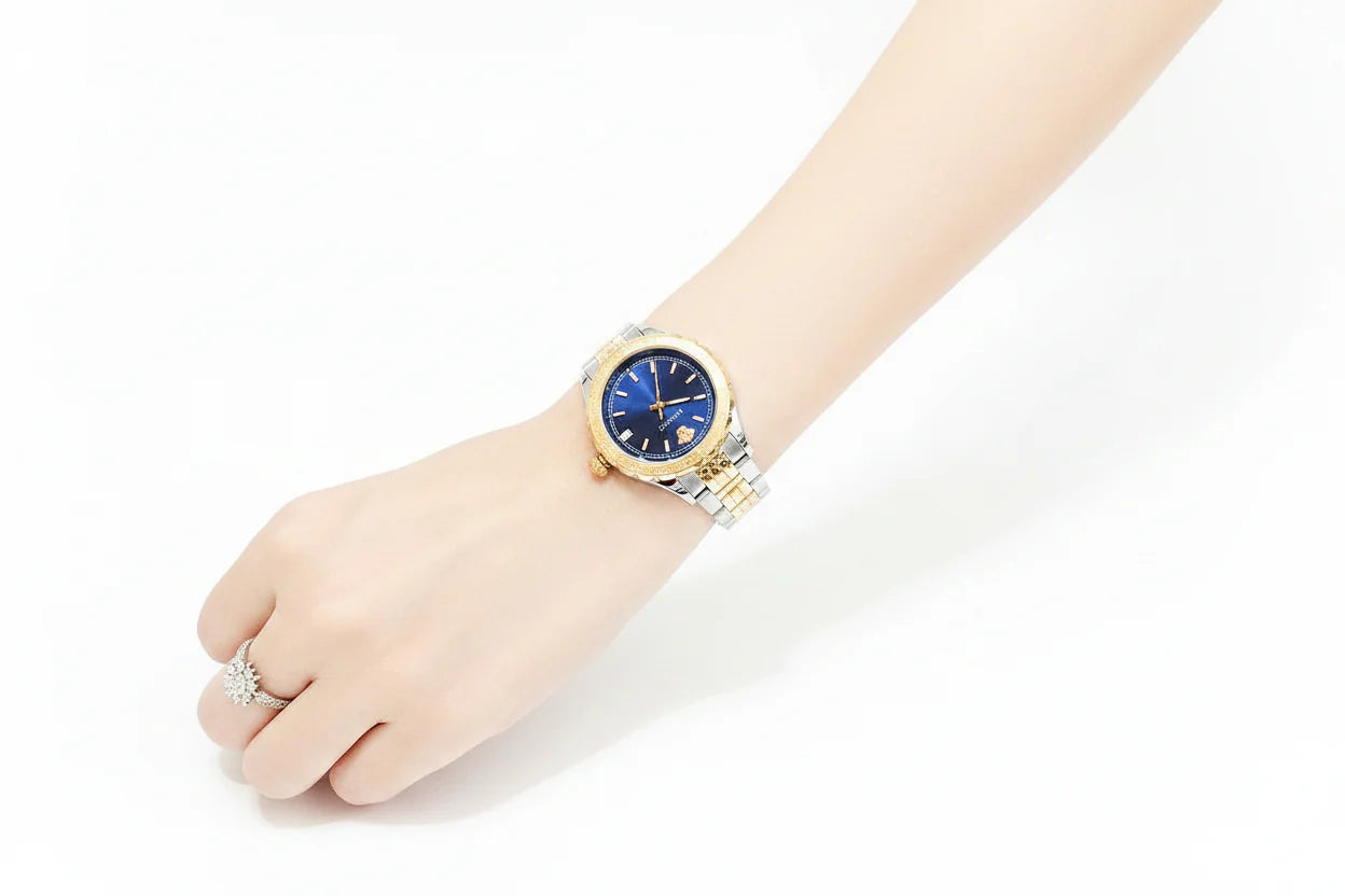 Versace V12060017 Hellenyium Women’s Watch | Blue Dial Two-Tone Stainless Steel | Swiss Quartz 35mm Luxury Watch