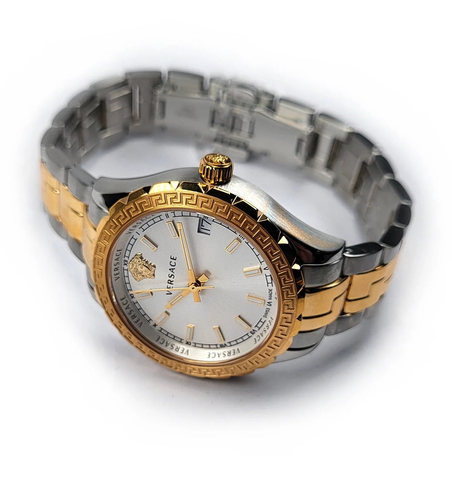 Versace V12030015 Hellenyium Women’s Watch | Silver Dial Two-Tone Stainless Steel | Swiss Quartz 35mm Luxury Watch