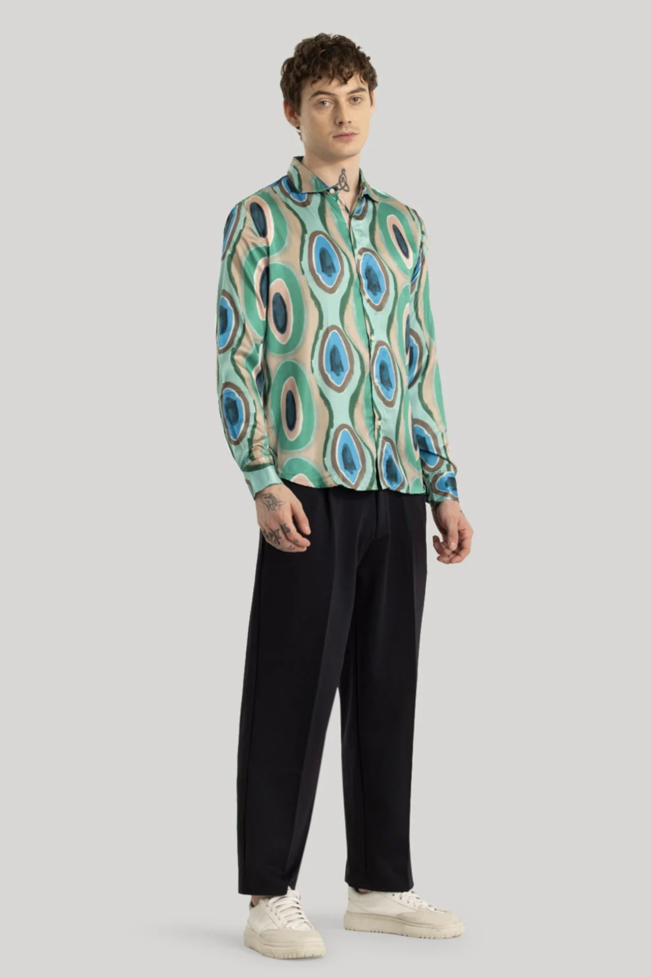 Snitch Green Slim Fit Printed Spread Collar Shirt for Men