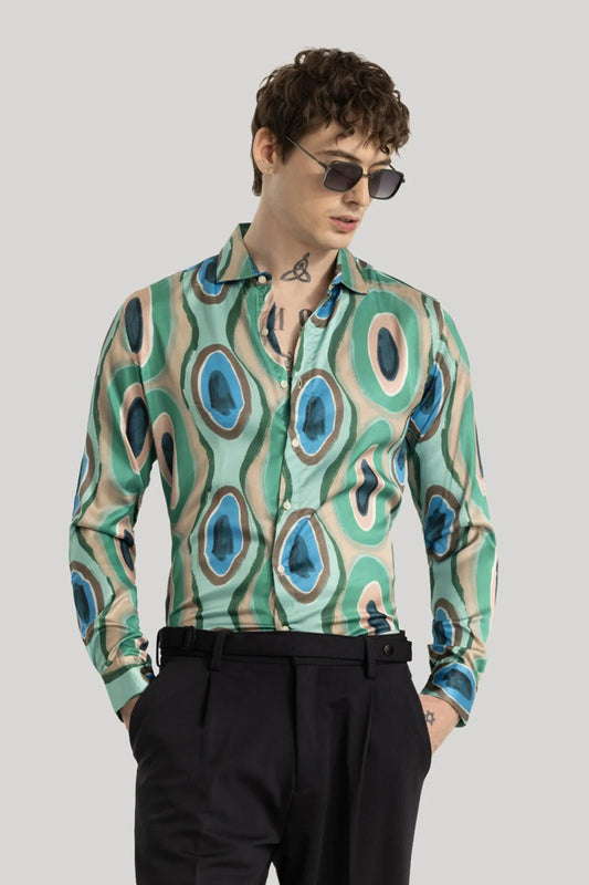 Snitch Green Slim Fit Printed Spread Collar Shirt for Men