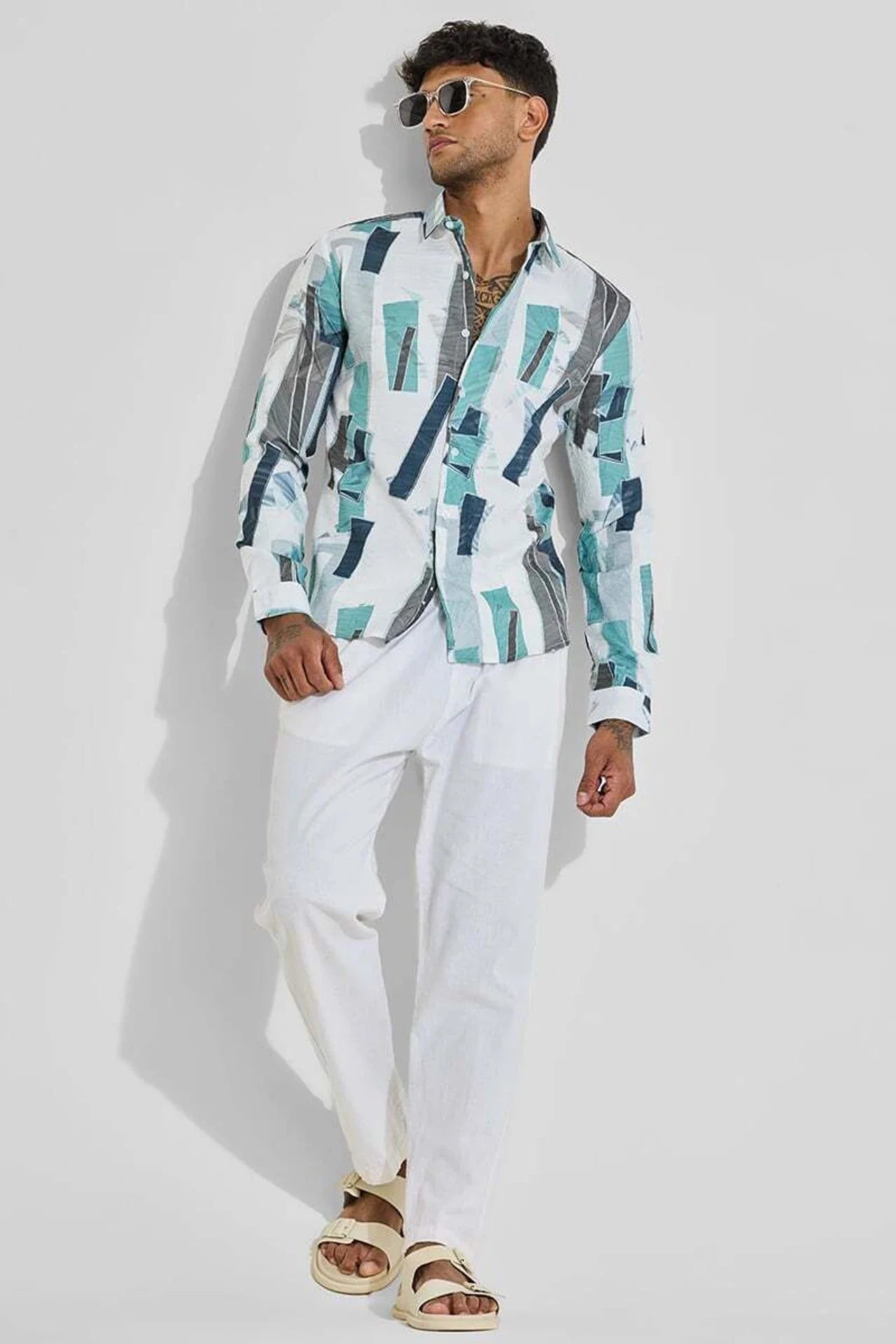Snitch Blue Slim Fit Printed Spread Collar Shirt for Men