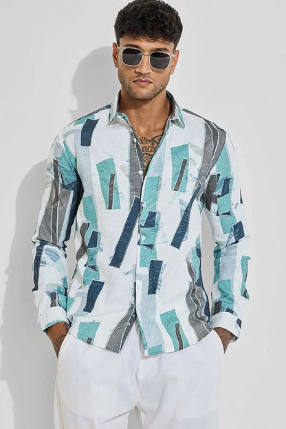 Snitch Blue Slim Fit Printed Spread Collar Shirt for Men