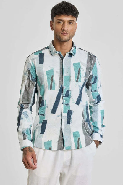 Snitch Blue Slim Fit Printed Spread Collar Shirt for Men