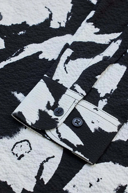 Snitch Black White Slim Fit Printed Spread Collar Shirt for Men