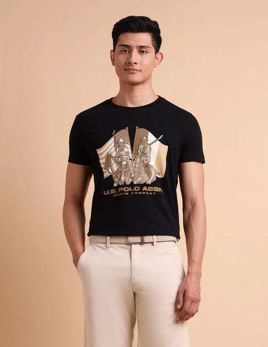 U.S. Polo Assn. Denim Co. Men Printed Round Neck Pure Cotton Black T-Shirt