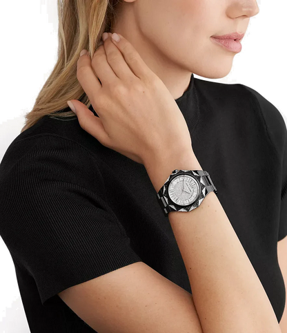 Michael Kors MK4692 Raquel Women’s Watch | Silver Dial Black Stainless Steel Bracelet | Rectangular Analog Luxury Watch