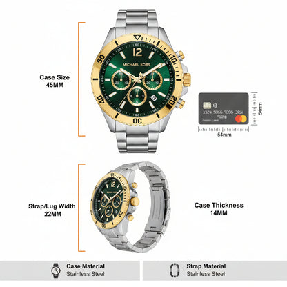 Michael Kors Maritime MK9215 Green Dial Chronograph Watch – Men’s Stainless Steel 45mm Luxury Watch (200M Water Resistant)