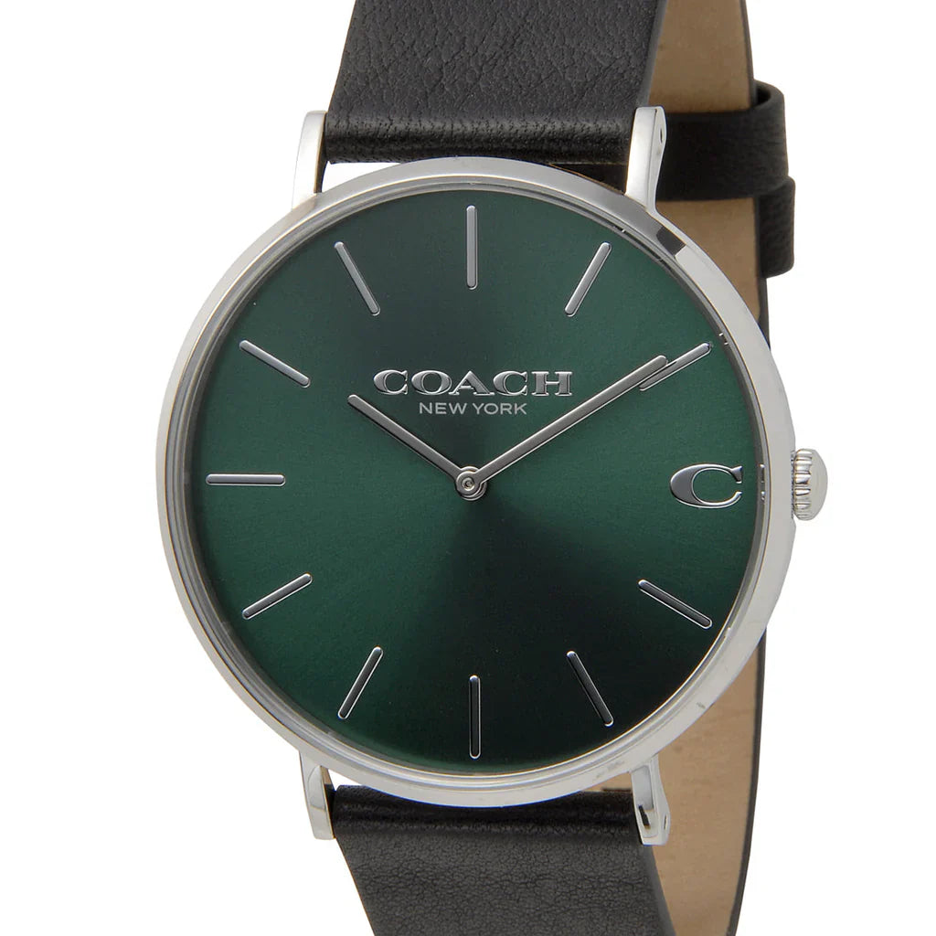 Coach Charles 14602436 Men’s Analog Watch – Green Dial, Black Leather Strap, 41mm Quartz