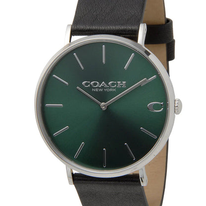 Coach Charles 14602436 Men’s Analog Watch – Green Dial, Black Leather Strap, 41mm Quartz