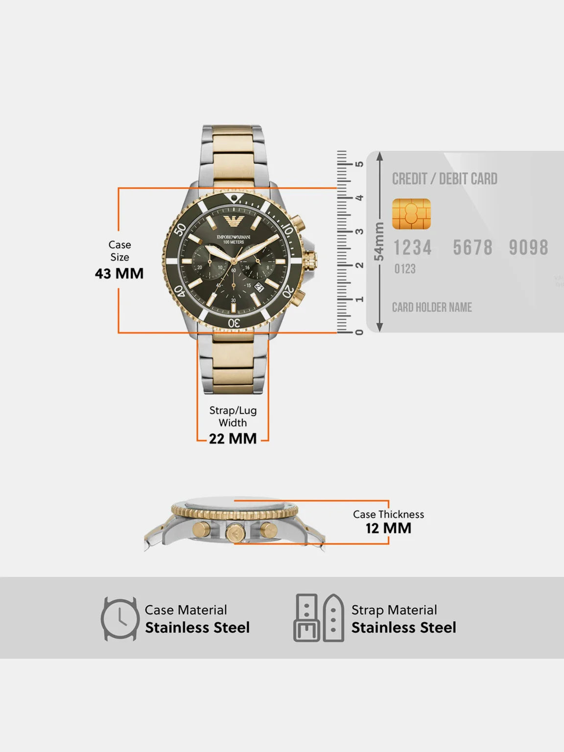 Emporio Armani AR11361 Men’s Chronograph Watch | Green Dial | Two-Tone Stainless Steel Strap | 100M Water Resistant