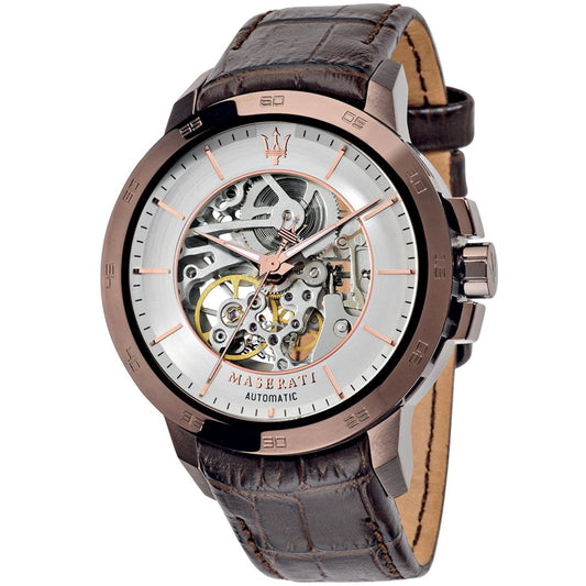 Maserati Ingegno R8821119003 Men’s Automatic Watch – Skeleton Silver Dial, Brown Leather Strap, 45mm