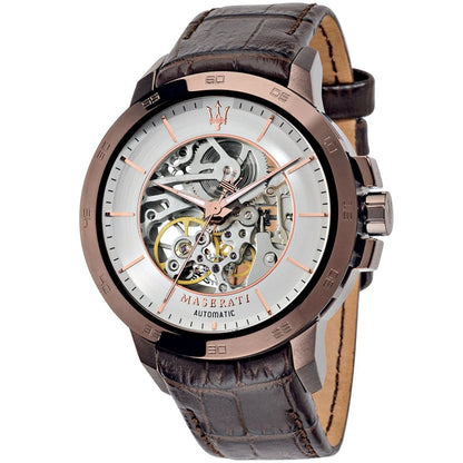 Maserati Ingegno R8821119003 Men’s Automatic Watch – Skeleton Silver Dial, Brown Leather Strap, 45mm