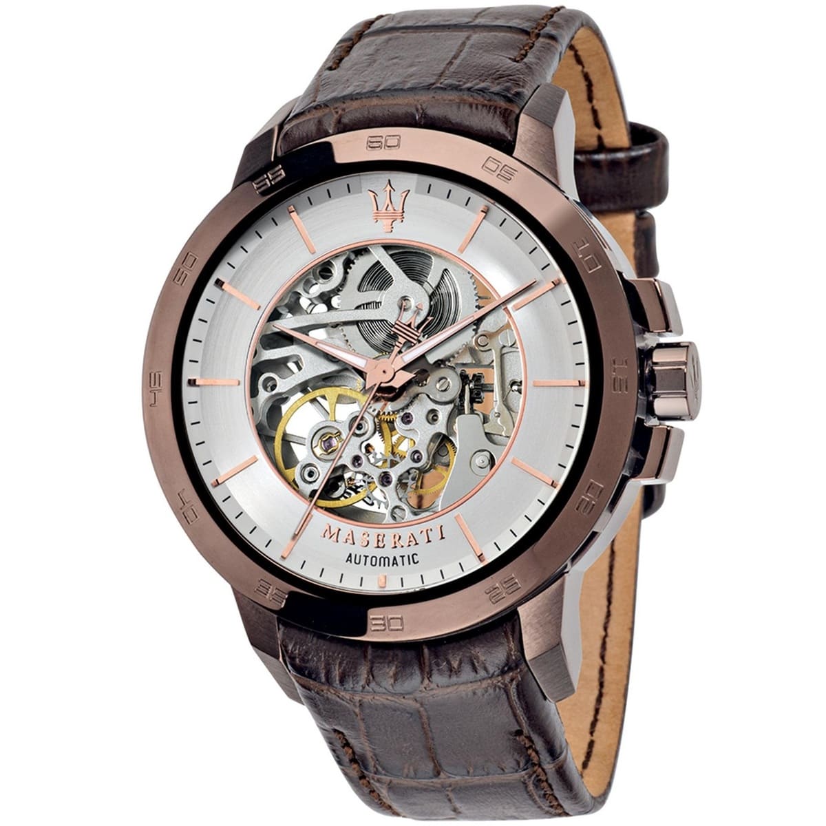 Maserati Ingegno R8821119003 Men’s Automatic Watch – Skeleton Silver Dial, Brown Leather Strap, 45mm