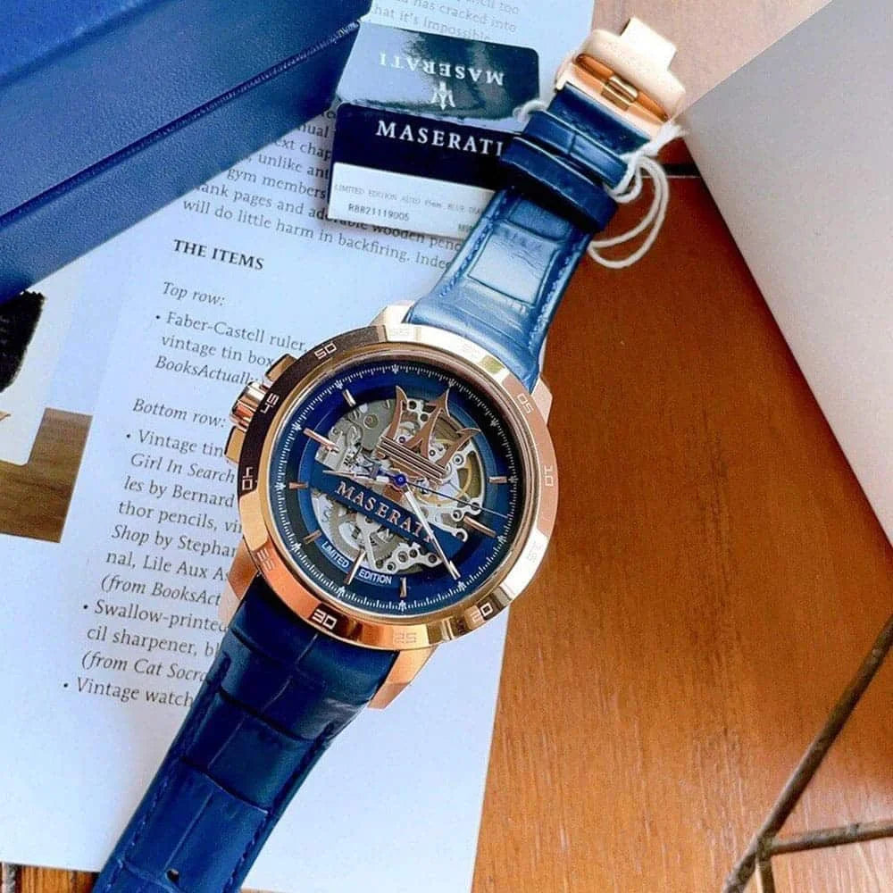 Maserati R8821119005 Automatic Men’s Watch | Skeleton Dial | Blue Leather Strap | Rose Gold-Tone Stainless Steel Luxury Timepiece