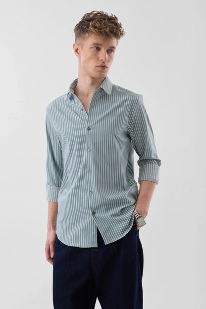 Snitch Men Grey Striped Slim Fit Luxe Casual Shirt