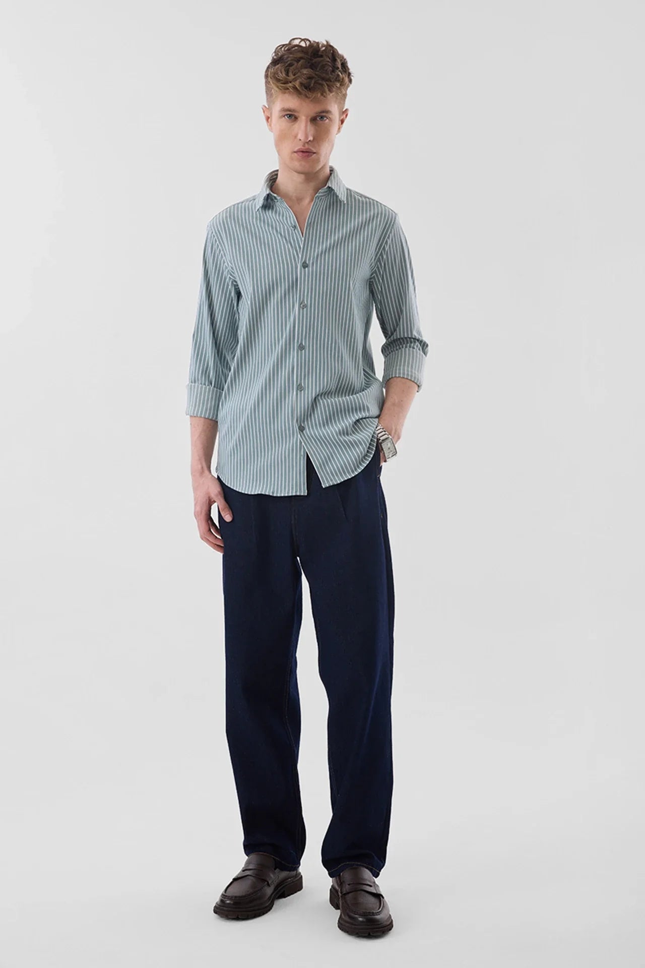Snitch Men Grey Striped Slim Fit Luxe Casual Shirt