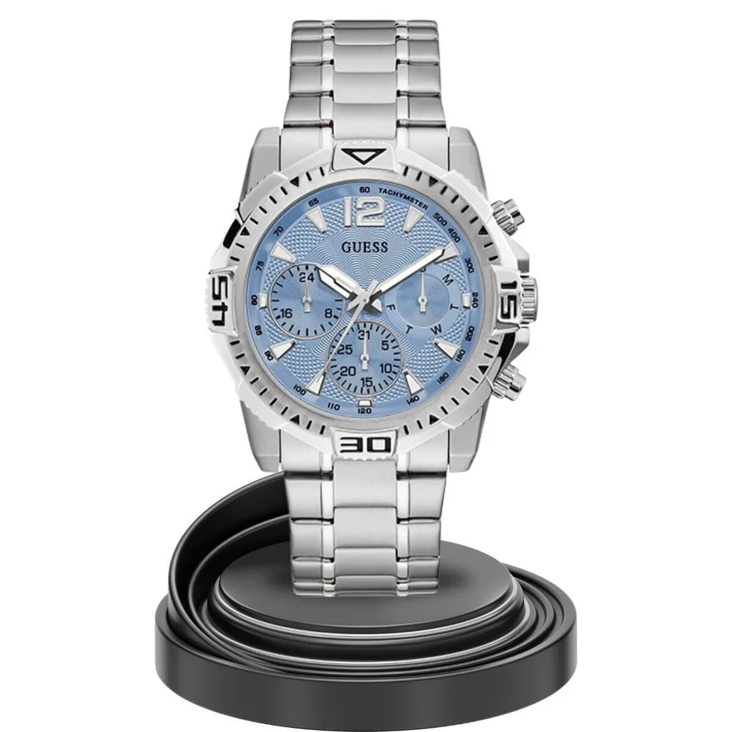 GUESS GW0056G2 Men’s Watch | Blue Dial Multifunction Chronograph | 43mm Stainless Steel Silver Bracelet Watch