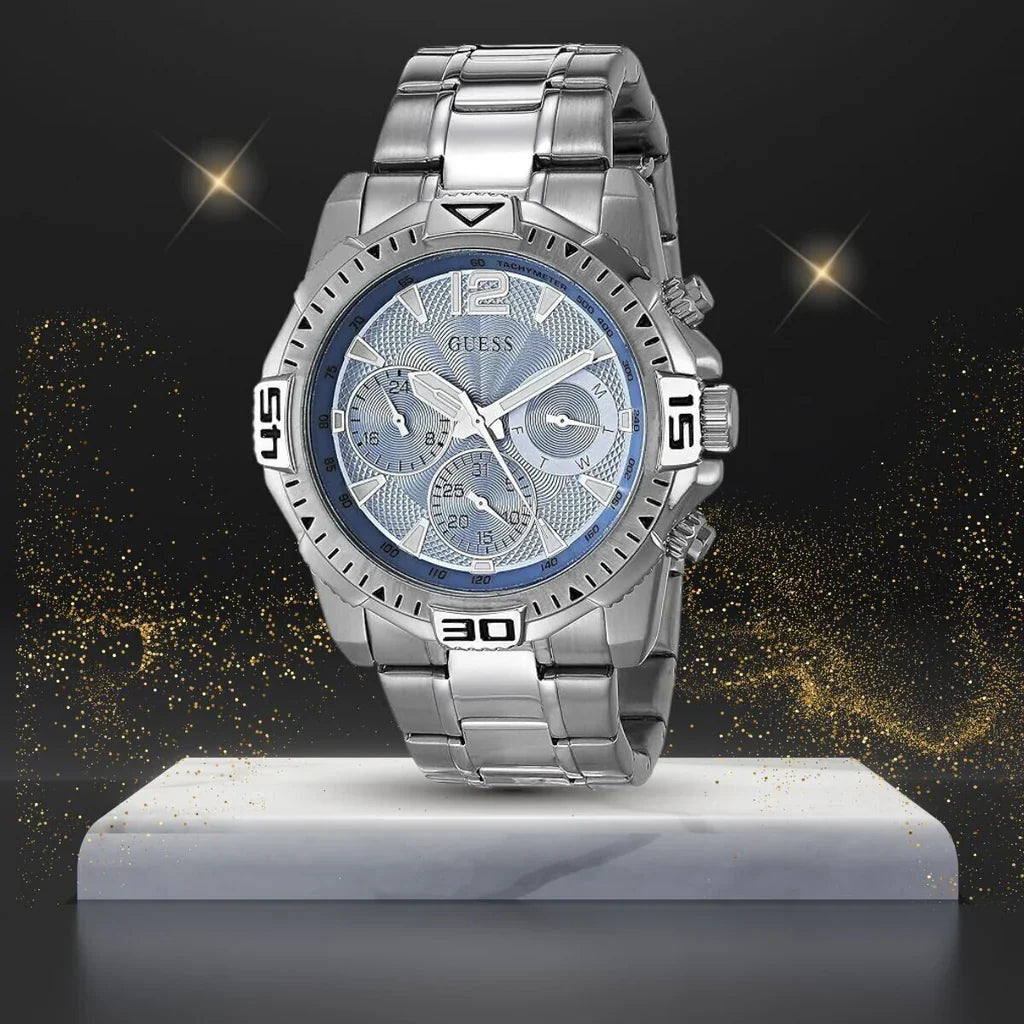 GUESS GW0056G2 Men’s Watch | Blue Dial Multifunction Chronograph | 43mm Stainless Steel Silver Bracelet Watch