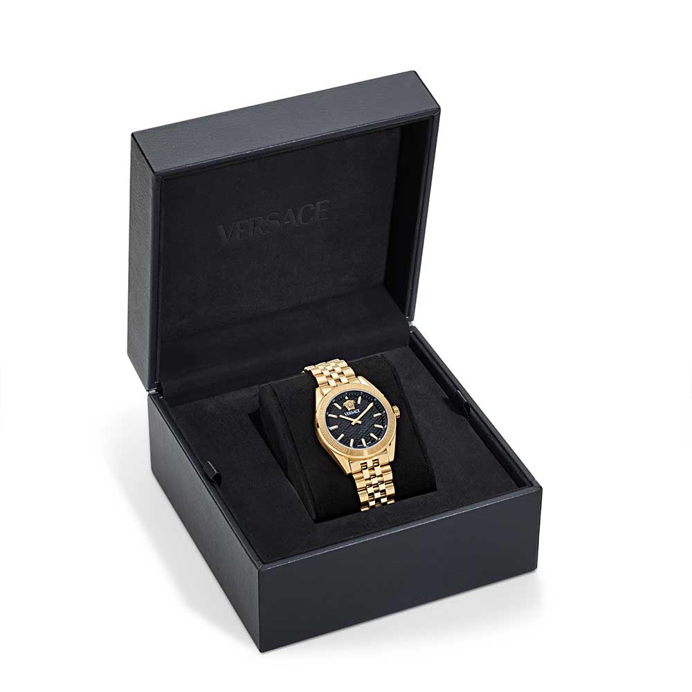 Versace VE8I00724 V-Code Women’s Watch | Black Dial Gold Stainless Steel Strap | Swiss Quartz 36mm Luxury Watch