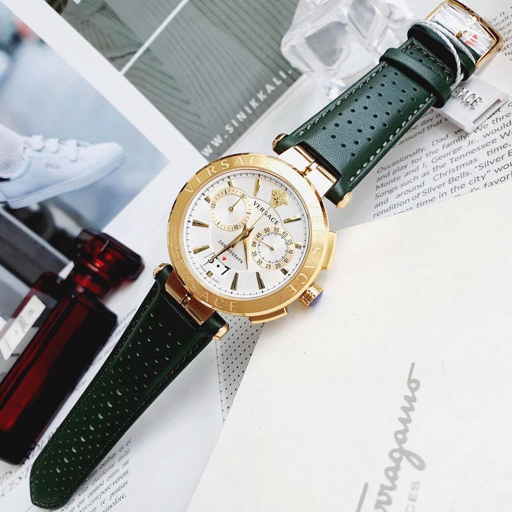 Versace VBR020017 Aion Men’s Watch | Gold Tone Chronograph | Green Leather Strap Swiss Made Luxury Watch