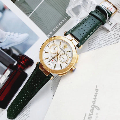 Versace VBR020017 Aion Men’s Watch | Gold Tone Chronograph | Green Leather Strap Swiss Made Luxury Watch