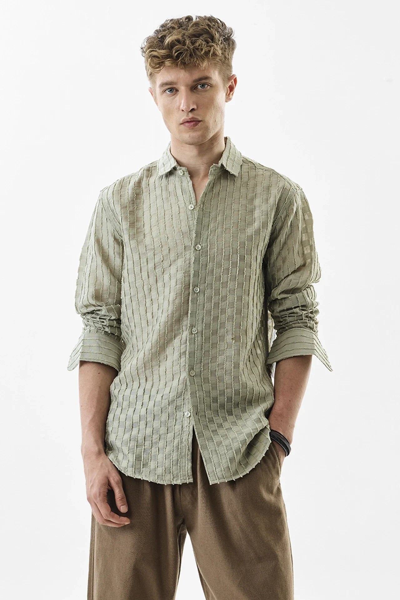 Snitch Light Green Slim Fit Textured Stripe Shirt for Men