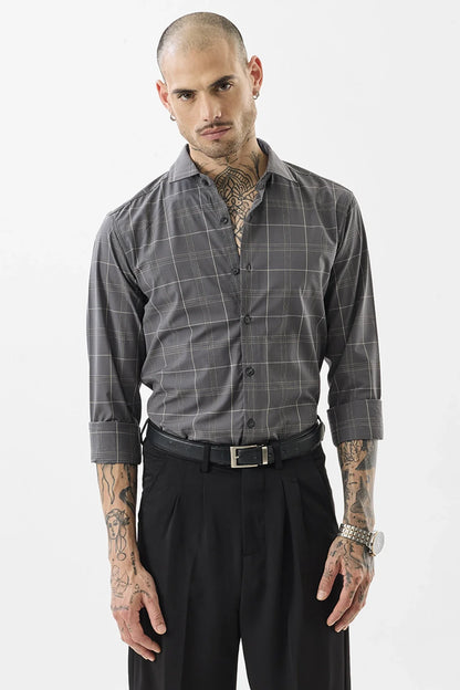 Snitch Grey Slim Fit Checkered Spread Collar Shirt for Men