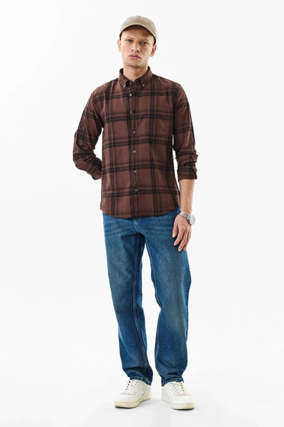 Snitch Brown Slim Fit Checkered Shirt for Men