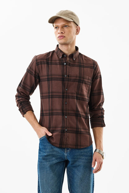 Snitch Brown Slim Fit Checkered Shirt for Men